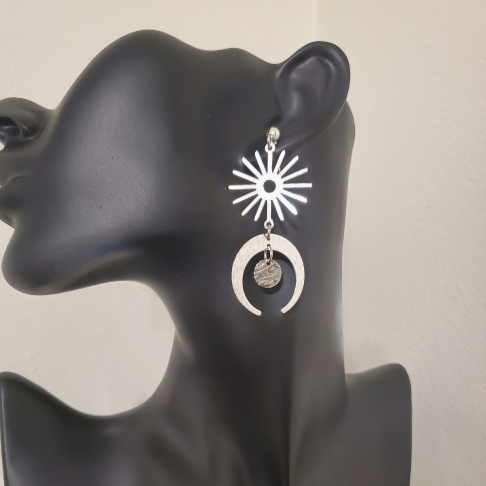 Silver Sun and Half-Moon Earrings